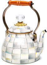 Load image into Gallery viewer, MACKENZIE-CHILDS Enamel Tea Kettle, Stylish Tea Kettle for Stovetop, Grey-and-White Sterling Check, 2 Quarts