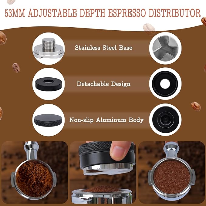 53mm Espresso Tamper Set - Spring-loaded Coffee Tamper, Adjustable Depth Espresso Distributor Leveler, Magnetic Dosing Funnel Aluminum Metal, Reusable Puck Screen, Fit for 53mm Portafilters