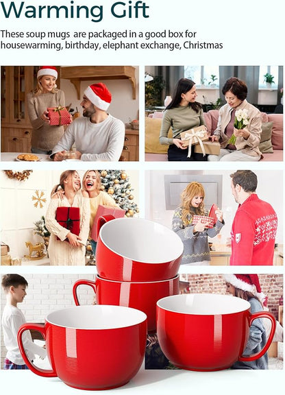 Teocera Red Mugs Set of 4, 24oz Jumbo Mugs, Large Coffee Mugs for Coffee, Hot Cocoa, Tea - Striped Design - Microwave Safe, Christmas Gift