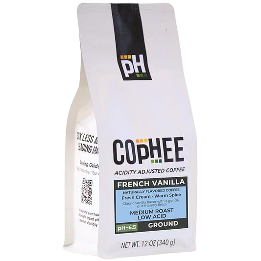 Low Acid Coffee – French Vanilla – Ground Medium Roast – Smooth Non-GMO Arabica Coffee – Electrolyte Infused for Sensitive Stomachs, Acid Reflux, and Heartburn ~pH 6.5 – 12 oz bag by COpHEE