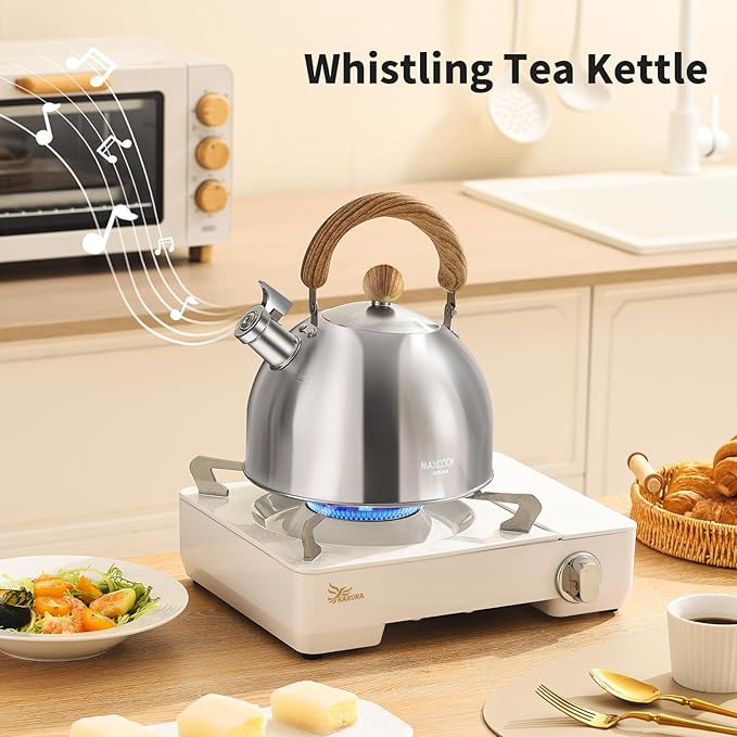 Tea Kettle, 18/8 Stainless Steel Whistling Teapot, 2.1 Quart Camping Tea Kettle for Stovetop, Water Coffee Pot with Anti-Hot Wood Handle (2L,Silver)