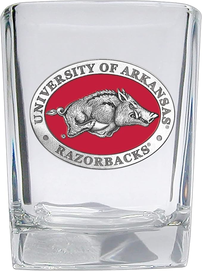 Heritage Pewter University of Arkansas Square Shot Glass | Hand-Sculpted 1.5 Ounce Shot Glass | Intricately Crafted Metal Pewter Alma Mater Inlay