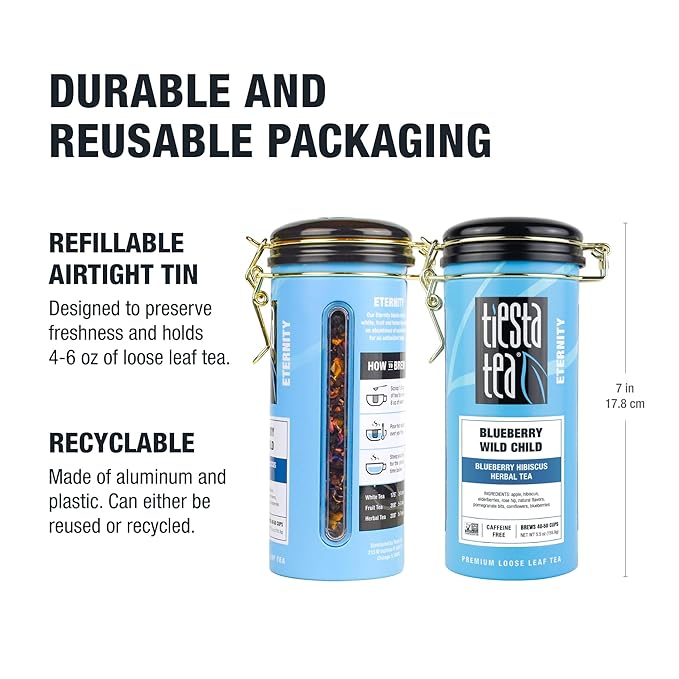 Tiesta Tea Blueberry Wild Child, Loose Leaf, Blueberry Hibiscus Herbal Tea, Premium Non-Caffeinated Blend, Make Hot or Iced, Brews Up to 50 Cups, 5.5 Ounce Refillable Tin