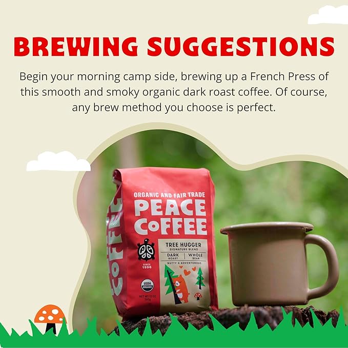 Peace Coffee Tree Hugger Signature Blend | 20 oz Whole Bean Dark Roast | Organic Fair Trade | Soft, Smooth Flavor | Shade Grown, Fresh Roasted