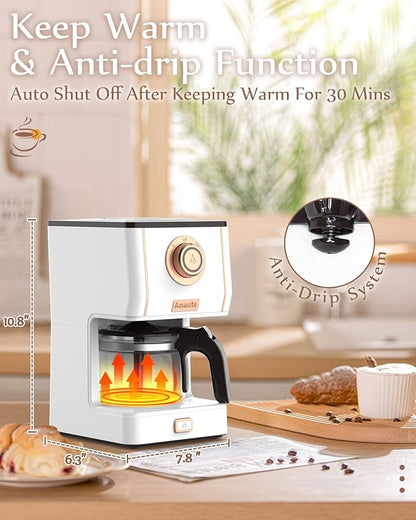 Amaste Retro Style Coffee Machine with 25 Oz Glass Coffee Pot, Reusable Coffee Filter & Three Brewing Modes, 30minute-warm-keeping, Elegant White with Rose Gold