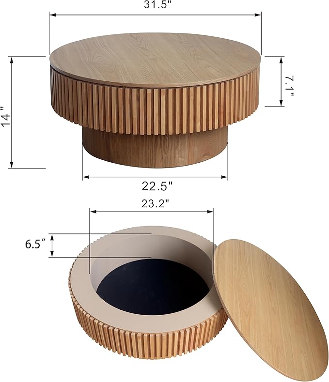 31.5 Inch Round Drum Coffee Table with Storage, Modern Handcraft Fluted Drum Coffee Table, Wooden Round Coffee Table Center Table with Sturdy Pedestal for Living Room Apartment (Natural)