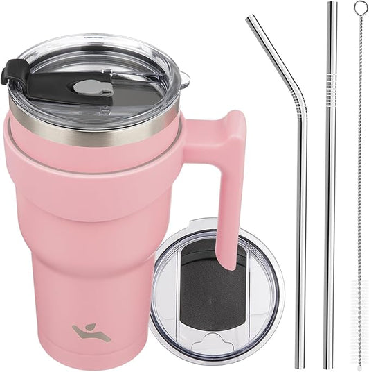 30 oz Tumbler with Handle and 2 Straw 2 Lid, Insulated Water Bottle Stainless Steel Vacuum Cup Reusable Travel Mug, Light Pink