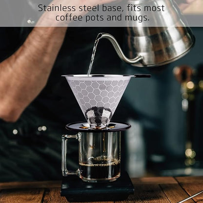 Pour Over Coffee Filter Dripper, Reusable Stainless Steel Metal Drip Coffee Maker Cone, Paperless Permanent Coffee Strainer, Coffee Mesh Filters for 1-4 Cup with Cleaning Brush