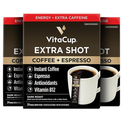 VitaCup Extra Shot Instant Coffee Packets with Espresso Shot, “Red Eye” High Caffeine, Bold Dark Roast w/Vitamin B12, Antioxidants, Premium Instant Coffee in Single Serve Sticks, 72 Ct