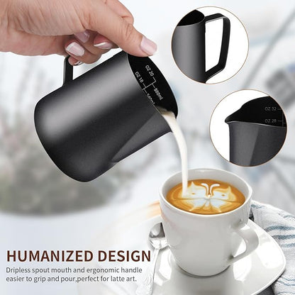 Milk Frothing Pitcher, 20OZ/600ML Stainless Steel Espresso Steaming Pitcher Coffee Milk Frother Cup with Decorating Art Pen for Espresso Machine, Milk Frother, Latte Art Black
