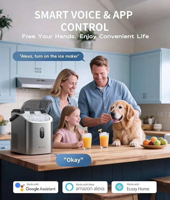ecozy Nugget Ice Maker Countertop, Smart Portable Crushed Ice Maker with Voice Control, Pellet Chewable Ice 33lbs/24H, Self-Cleaning, with APP WiFi, Timer Function and Status Alerts, Bonus TDS Meter