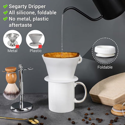 Segarty Camping Coffee Dripper Set, Collapsible White Silicone Coffee Maker with 200PCS Disposable Coffee Filter Cone Paper, Single Serve Dripping Brewer for Travel Backpacking