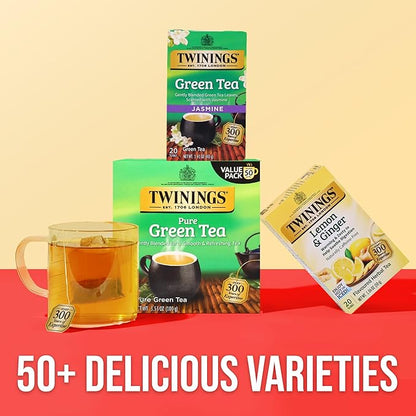 Twinings Pure Green Tea Individually Wrapped Bags, 50 Count (Pack of 6), Smooth Flavour, Enticing Aroma, Caffeinated, Enjoy Hot or Iced, 300 Teabags