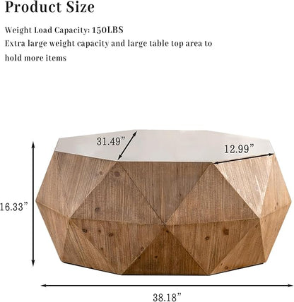 38" Modern Farmhouse Coffee Table, American Retro Style Drum Coffee Table for Office, Dining Room and Living Room, White Tabletop