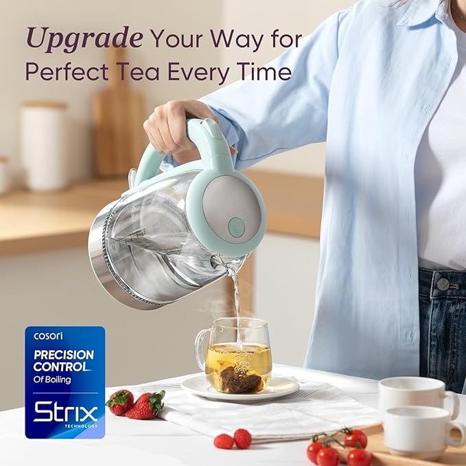 Cosori Electric Kettle, No Plastic Filter & Spout, Tea Kettle & Hot Water Boiler For Coffee & Tea, Water Heater & Teapot, Automatic Shut Off, Borosilicate glass, Green, 1.7L/1500W