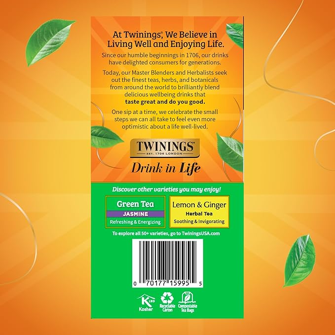 Twinings Pure Green Tea Individually Wrapped Bags, 50 Count (Pack of 6), Smooth Flavour, Enticing Aroma, Caffeinated, Enjoy Hot or Iced, 300 Teabags