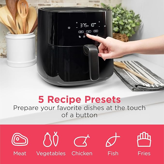 Frigidaire 3-in-1 Air Fryer, Large 5.3 QT Capacity, Digital Display, 3 Cooking Modes, 5 Recipe Presets, Automatic Shake Reminder, PFAS-Free Cooking Surfaces, Black