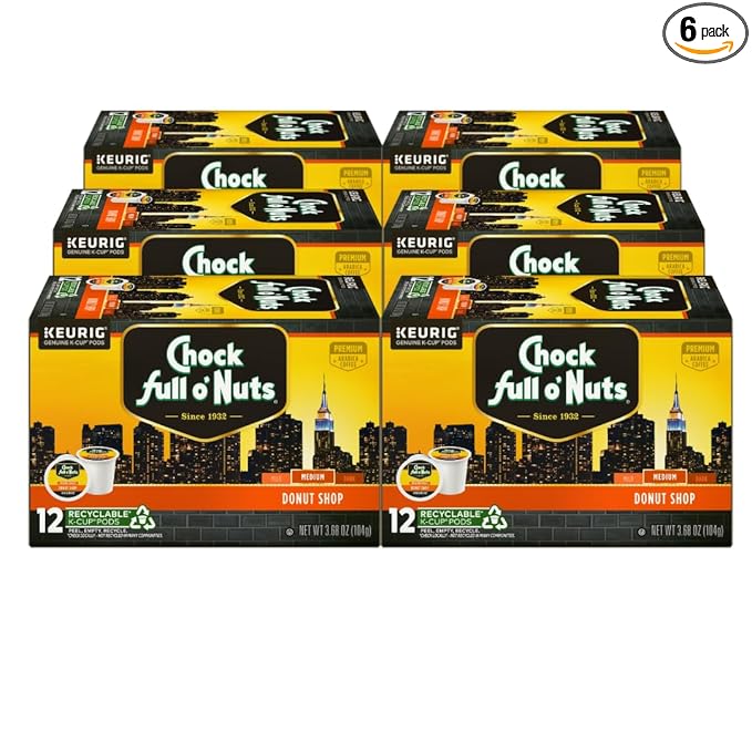 Chock Full o'Nuts Donut Shop Coffee, Compatible with K-Cup Pods, 12 CT (Pack of 6)
