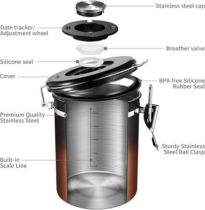 Veken Coffee Canister with Window,Airtight Stainless Steel Kitchen Food Storage Container, Date Tracker & Scoop for Grounds Coffee, Beans, Tea,Flour,Cereal,Sugar,22OZ,Copper