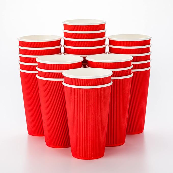Restaurantware 16 Ounce Ripple Wall Disposable Coffee Cups, 500 Insulated Red Paper Tumblers with Rolled Rim Design, Lids Sold Separately for Hot Drinks like Tea, Hot Chocolate, and More