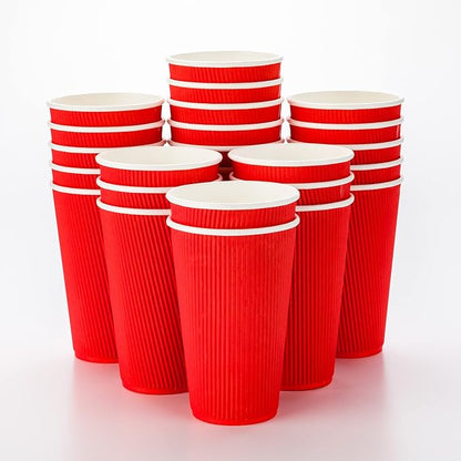 Restaurantware 16 Ounce Ripple Wall Disposable Coffee Cups, 500 Insulated Red Paper Tumblers with Rolled Rim Design, Lids Sold Separately for Hot Drinks like Tea, Hot Chocolate, and More