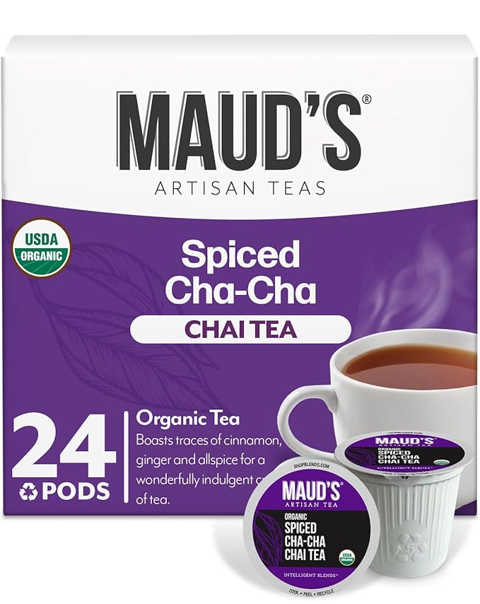 Maud's Organic Chai Tea Pods, 24 ct, Recyclable Single Serve Tea Pods – 100% Gourmet Blended Tea Leaves, Compatible with Keurig K Cups Maker