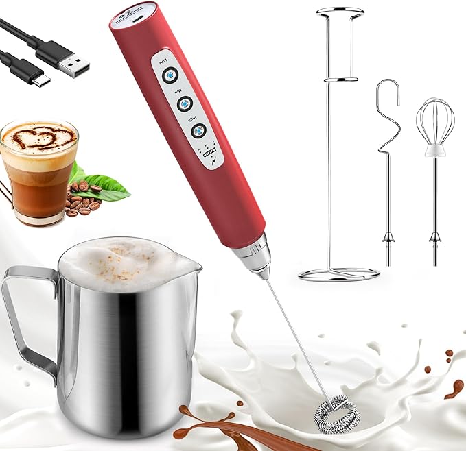 Nahida Handheld Milk Frother Wand with Stand & 14oz Milk Frothing Pitcher Milk Coffee Cappuccino Latte Art - Red