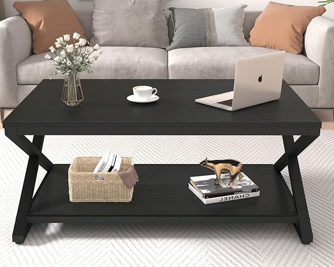 HSH Black Modern Minimalist Metal Wood Living Room Table with Storage Shelf, 39 Inch 2 Tier Rectangle Center Coffee Table