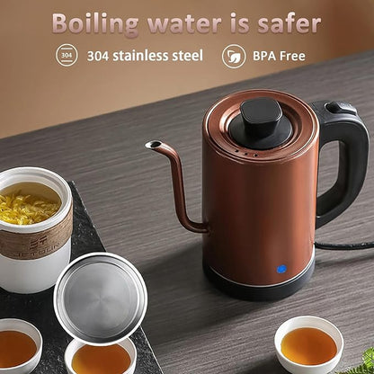 Gooseneck Electric Kettle 0.8L, 304 Stainless Steel (BPA-Free), 600W Fast Heating, Compact Copper Design with One-Touch Button & Auto Shut-Off, Perfect for Home, Office & Coffee/Tea Lovers