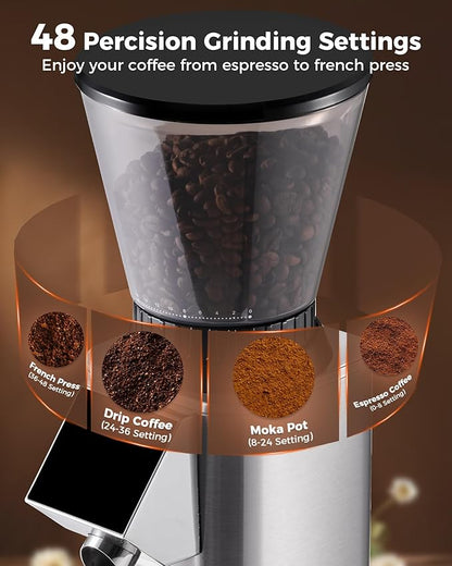 Tuni G1 Conical Burr Coffee Grinder, 48 Grind Settings Anti-static Burr Mill, Precision Electronic Timer and LED Touchscreen for Espresso/Drip/Cold Brew/French Press, Stainless Steel, Silver