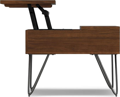 SIMPLIHOME Hunter Lift Top Coffee Table - 48 inch Wide Solid Walnut Veneer and Metal Industrial Cocktail Table, Functional Living Room Table with 2 Storage Cubbies and Hairpin Legs