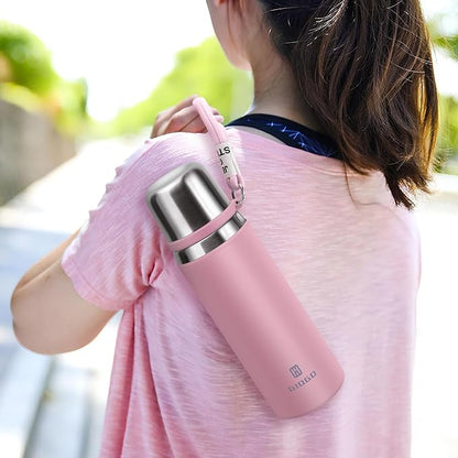 Stainless Steel thermo Bottles with cup 700ml/23.7oz Vacuum Insulated Bottle for hot and cold coffee drink water thermo flask with cup.(Pink,700ml)