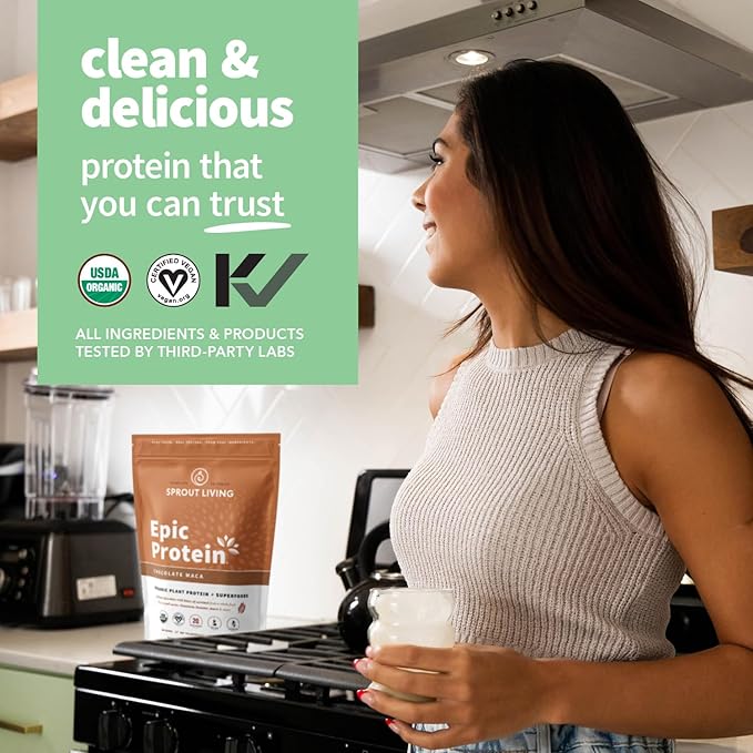Sprout Living Epic Protein, Plant Based Protein & Superfoods Powder, Chocolate Maca Powder | 20 Grams Organic Protein Powder, Vegan, Non Dairy, Non-GMO, Gluten Free, Low Sugar (2 Pound, 24 Servings)