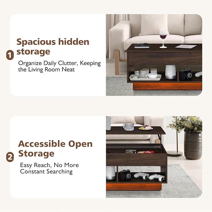 HOMMPA Modern Lift Top Coffee Table with Storage for Living Room LED Coffee Table Wodden Lift Tabletop Dining Table with Hidden Compartment and Metal Frame, Walnut