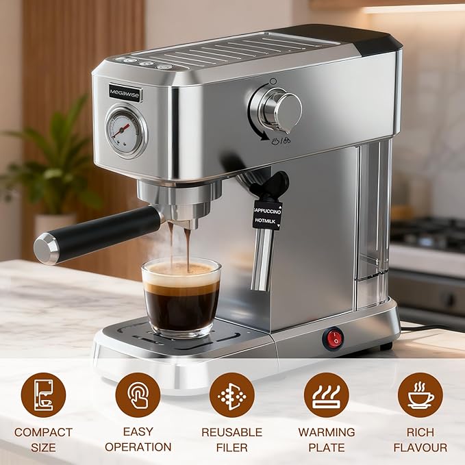 Espresso Machine 20 Bar, Compact Stainless Steel Coffee Maker with Steam Milk Frother & Removable Tank for Cappuccino, Latte - Silver
