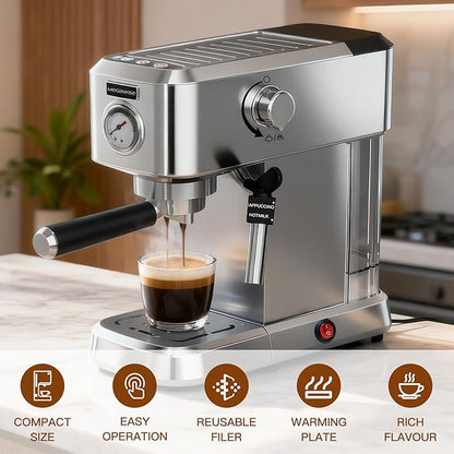 Espresso Machine 20 Bar, Compact Stainless Steel Coffee Maker with Steam Milk Frother & Removable Tank for Cappuccino, Latte - Silver