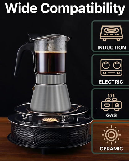 Grasseed Crystal Glass-Top Moka Pot, Brushed Stainless Steel Stovetop Espresso Maker for Italian Coffee - 9 Cup/360ml/12.6oz