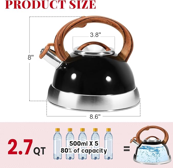 GGC Whistling Tea Kettle for Stove Tops, 3.1QT/3L Tea Kettles for Boiling Water Coffee or Milk, Stainless Steel Tea Pot with Anti-Heat Handle and Simple Touch Button to Control Kettle Outlet