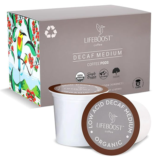 Lifeboost Organic Decaf Coffee K Cups - Low Acid Single Origin Non-GMO Mold Free Decaf Coffee Pods Compatible with Keurig & Keurig 2 - Third Party Tested for Mycotoxins and Pesticides - 10 Count