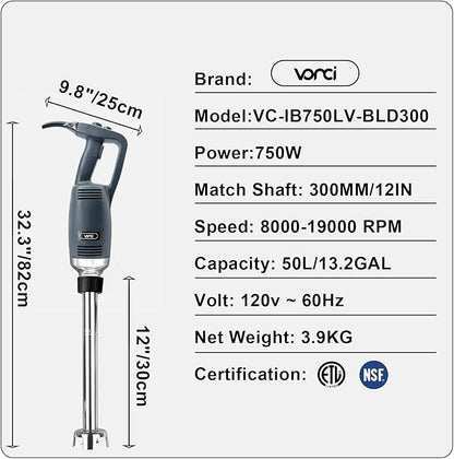 VONCI 750W Commercial Immersion Blender, Electric Hand Blender with 12" Detachable Shaft, Variable Speed 8000-19000RPM,Industrial Immersion Blender for Restaurant Kitchen.Extra Heavy Duty Hand Mixer.