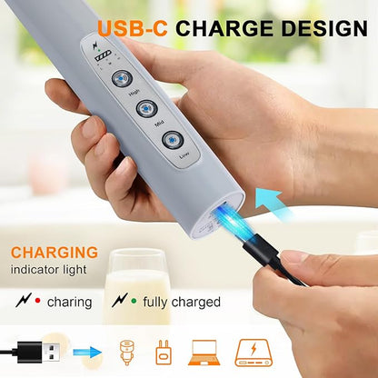 YUSWKO Handheld Milk Frother for Coffee, Rechargeable Drink Mixer with 3 Heads 3 Speeds Electric Whisk Coffee Frother For Latte, Cappuccino, Hot Chocolate, Egg - Cement Gray