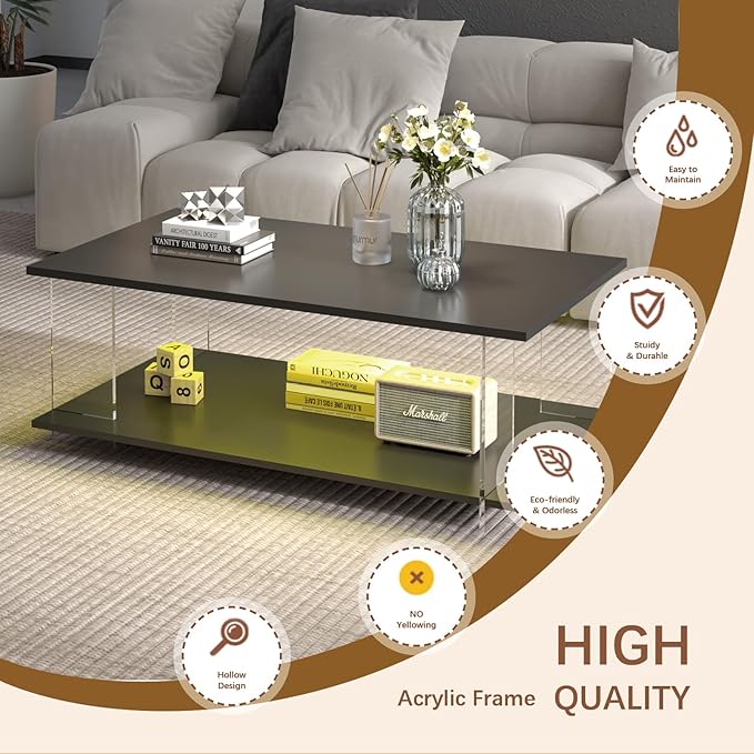 43" Acrylic Coffee Table with Black Wood Top, Minimalist Stylish Modern Rectangular Center Tables for Living Room, Led Living Room Table with Storage Shelf & Acrylic Frame for Small Space