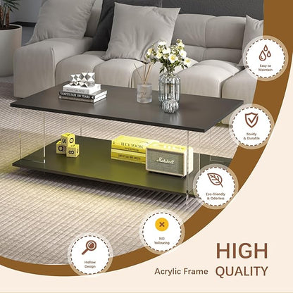 43" Acrylic Coffee Table with Black Wood Top, Minimalist Stylish Modern Rectangular Center Tables for Living Room, Led Living Room Table with Storage Shelf & Acrylic Frame for Small Space