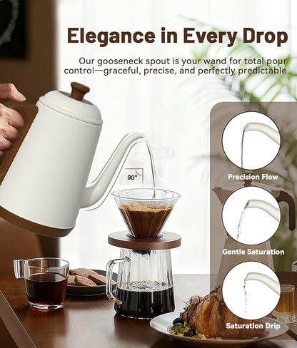 Gooseneck Electric Kettle, 1L Water Boiler, Pour Over Coffee & Tea, 1000W Fast Heating, Stainless Steel, Auto Shut-Off & Boil-Dry Protection, BPA-Free (White)