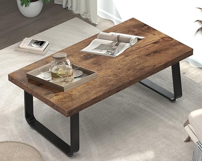 HSH Wooden Coffee Table, Industrial Rectangle Center Table, Modern Minimalist Coffee Table for Living Room, Farmhouse Wood and Metal Cocktail Tea Table for Bedroom Home Office, Rustic Brown, 47 in