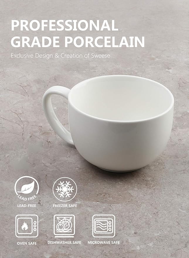 Sweese Porcelain 22oz Large Coffee Mugs Set of 4, Large Soup Mug with Handles Perfect for Coffee, Tea, Hot Chocolate, Microwave Safe, White