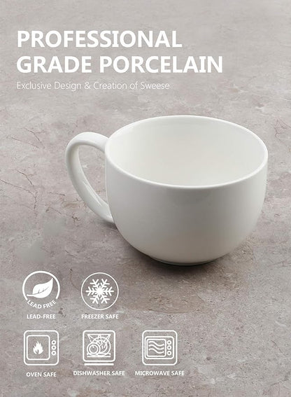 Sweese Porcelain 22oz Large Coffee Mugs Set of 4, Large Soup Mug with Handles Perfect for Coffee, Tea, Hot Chocolate, Microwave Safe, White