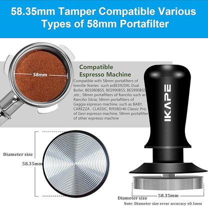 IKAPE 58.35mm Espresso Tamper, Premium Barista Coffee Tamper with Calibrated Spring Loaded, 100% Stainless Steel Base Tamper Compatible with Espresso Machine Rancilio, Gaggia Bottomless Portafilter