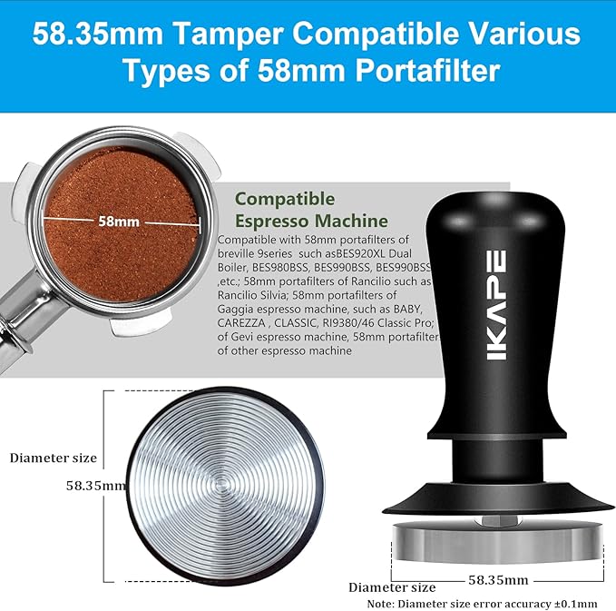 IKAPE 58.35mm Espresso Tamper, Premium Barista Coffee Tamper with Calibrated Spring Loaded, 100% Stainless Steel Base Tamper Compatible with Espresso Machine Rancilio, Gaggia Bottomless Portafilter