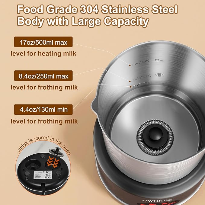 Milk Frother, 6-in-1 Electric Milk Frother and Steamer, 16.9oz/500ml Automatic Warm and Cold Foam Maker and Milk Warmer for Latte,Coffee,Cappuccinos,Macchiato(Stainless Steel)
